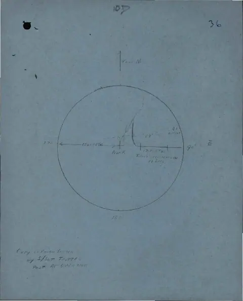 Hand-drawn 1954 Woomera radar plot showing Post R, Spotting Tower S2 and the unidentified target's curved route