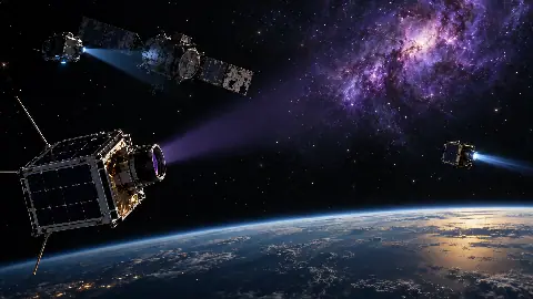Concept illustration of three small spacecraft in orbit, one observing ultraviolet light from a distant galaxy and another inspecting an inactive satellite