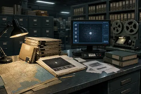 Concept illustration of military intelligence folders, archive equipment and a catalogue screen displaying an unidentified object record