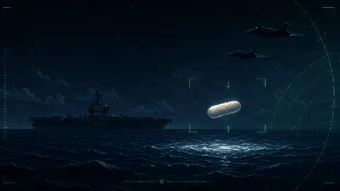 Pixel art USS Nimitz Tic Tac UAP case file scene with jets, ocean, and FLIR-style targeting frame