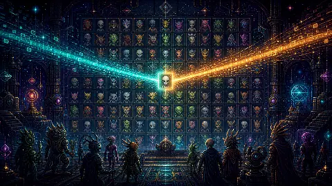 Pixel art wall of completed Other Worlders alien NFT portraits with cyan and amber mint streams meeting at the final token