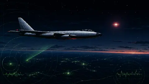 Pixel art RB-47 reconnaissance aircraft tracking an unknown red light with radar overlays at dawn