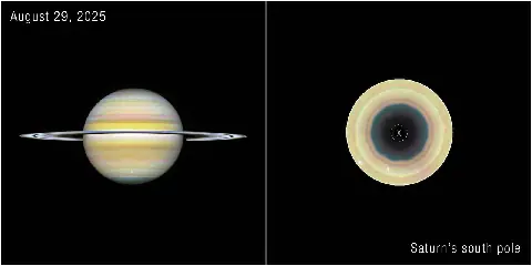 NASA Hubble image comparing Saturn and a south-pole view where a 10-sided atmospheric wave surrounds the pole