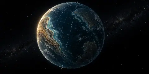 Concept illustration of Earth with an offset grid and layered ancient shorelines, representing true polar wander