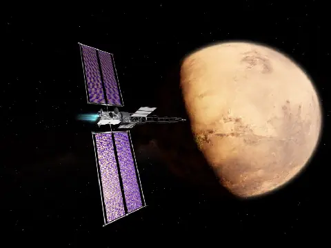 NASA concept of the SR-1 Freedom nuclear-electric spacecraft flying past Mars