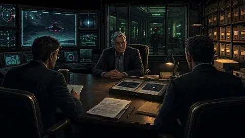 Pixel art secure government interview with UAP records, sensor screens and an NDA document set aside on the table