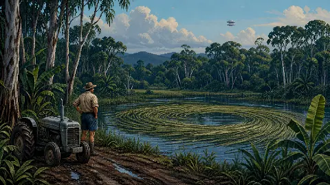 George Pedley beside a tractor overlooking flattened reeds at Horseshoe Lagoon near Tully