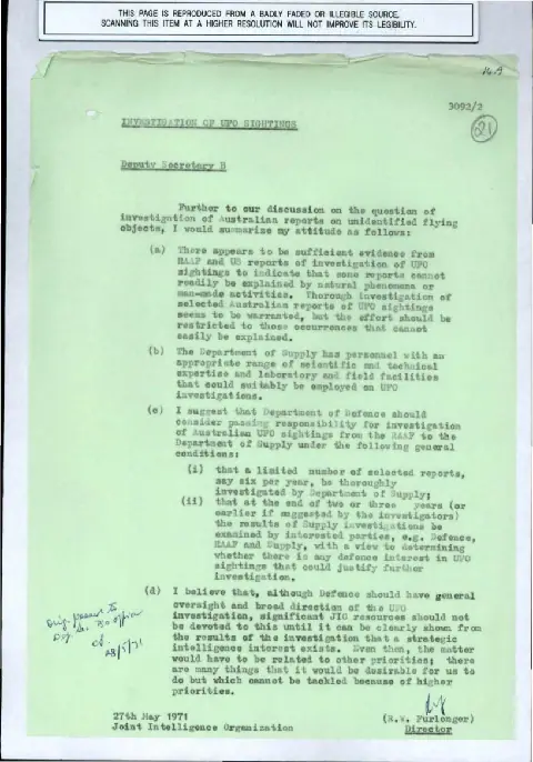 R. W. Furlonger's 27 May 1971 proposal for limited investigation of selected Australian UFO reports