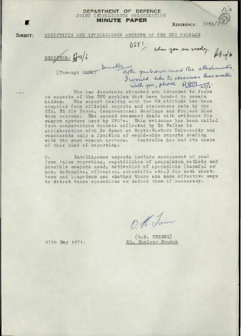 O. H. Turner's Joint Intelligence Organisation minute dated 27 May 1971 about the scientific and intelligence aspects of UFOs