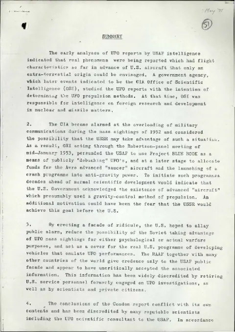 First page of Turner's 1971 summary alleging a hidden American UFO propulsion program behind public debunking