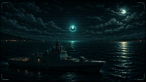 Pixel art USS Omaha-style ship at night with a small luminous sphere above the ocean