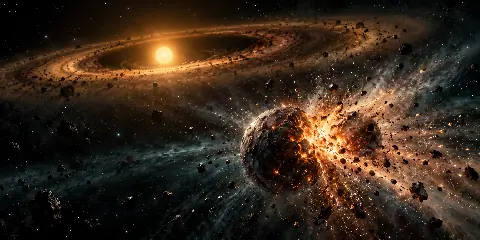 Concept illustration of rocky planetary bodies colliding inside a warm debris disk around a young star