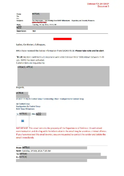 Released Defence email dated 14 July 2026 confirming multiple UAS incursions and BWAS activation, with commanders' instructions redacted