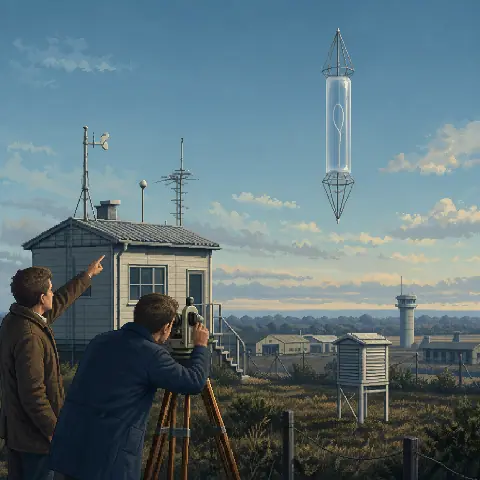 Williamtown meteorological observers using a theodolite beneath a vertical translucent object