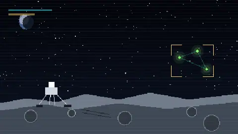 Pixel art lunar case-file scene with an Apollo lander, three green dots in triangular formation, and a yellow target bracket