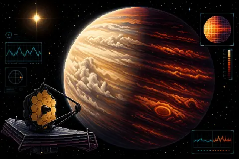 Pixel art JWST observing a banded hot Jupiter with sandy morning clouds and clear evening skies