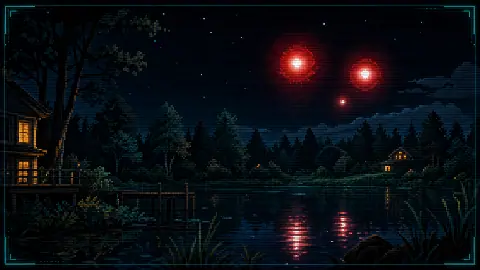 Pixel art night scene over a northeastern pond with red and white orb UAP lights above a dark treeline