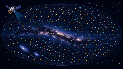 Pixel art TESS all-sky exoplanet map with blue and orange planet markers across the Milky Way