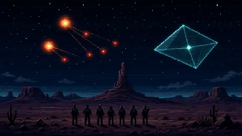 Pixel art desert UAP scene with orange orbs, red secondary orbs, a rock pinnacle, federal witnesses, and a translucent kite-shaped object