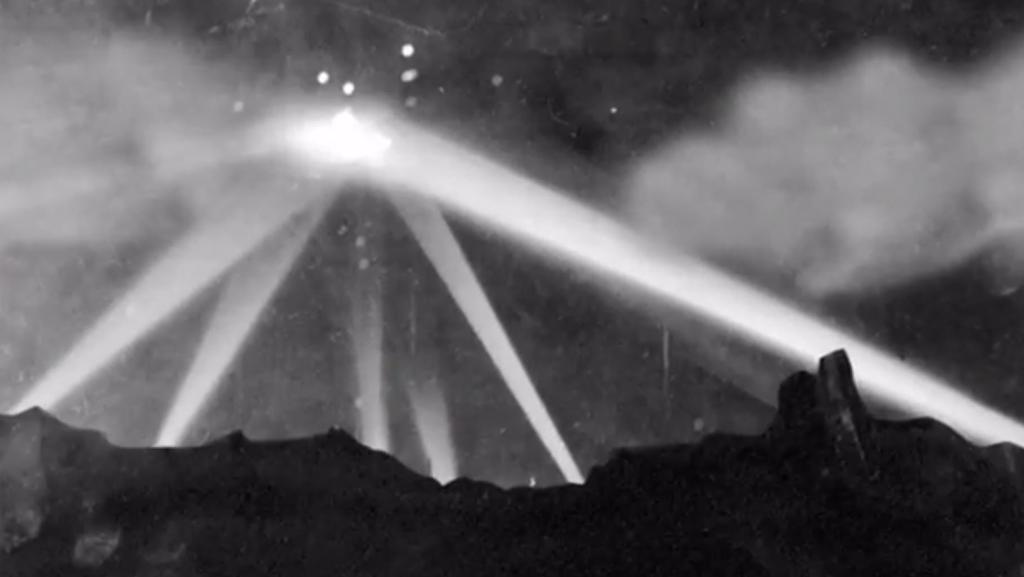 spotlights on target UFO during the Battle for Los Angeles 1942